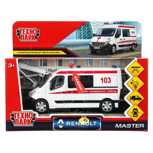 Машина металл свет-звук RENAULT MASTER СКОРАЯ 14см, двер, тел, ин., бел,кор. Технопарк MASTER-14SLAM