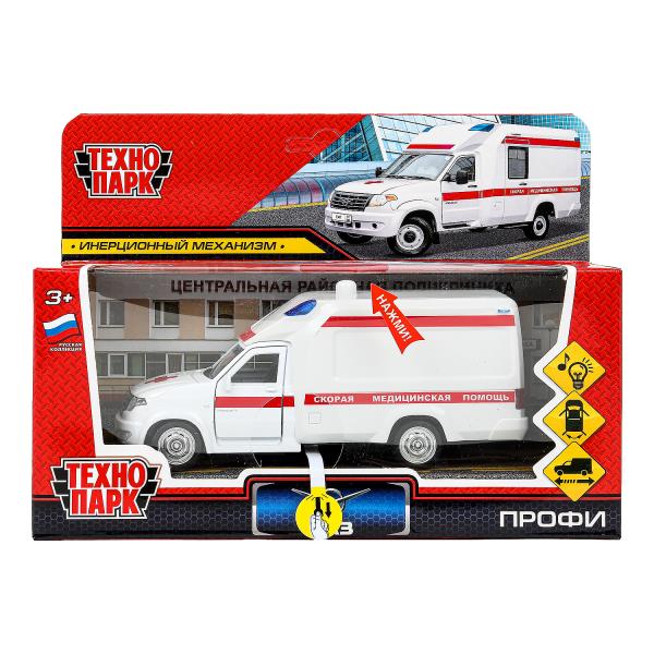 Машина металл свет-звук УАЗ ПРОФИ СКОРАЯ 14 см, двери, инерц, белый, кор. Технопарк PROFI-14SLAMB-WH
