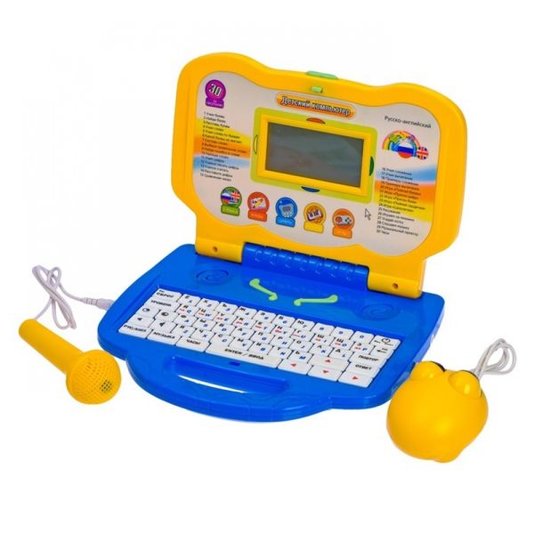 Компьютер детский обучающий с микрофоном русско-англ 30программ ,цвет желтый . 596632