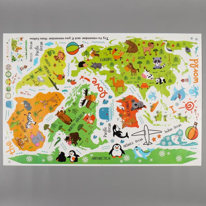 Наклейка пластик интерьерная цветная Карта мира - животные 60х90 см   5277631 (Вид 2)