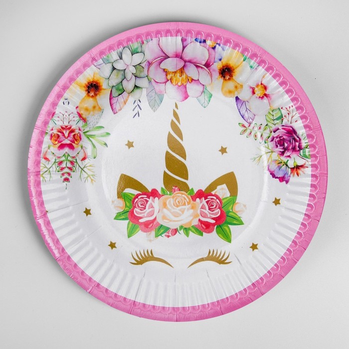 Тарелка бумажная Единорог и цветы (набор 6 шт) цвет розовый   3747668 (Вид 1)