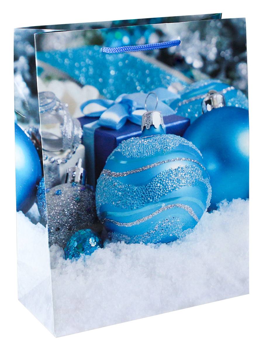 Optima Пакет подарочный с гл. лам. 26,4x32,7x8 см  (L) Голубые новогодние шарики, 128 г ПКП-6142 (Вид 1)