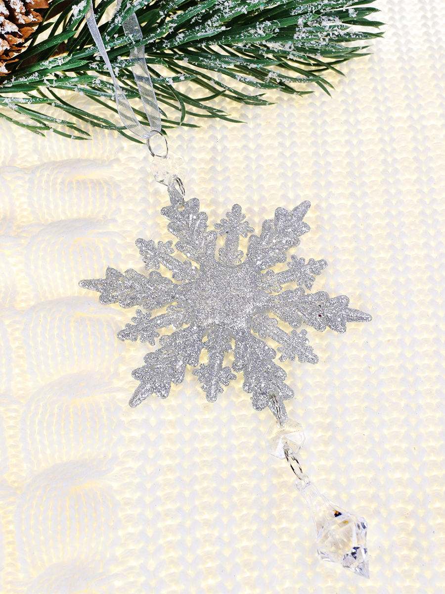 Новогоднее подвесное украшение Сияющая снежинка, серебряная 11 см  НУ-5148 (Вид 1)