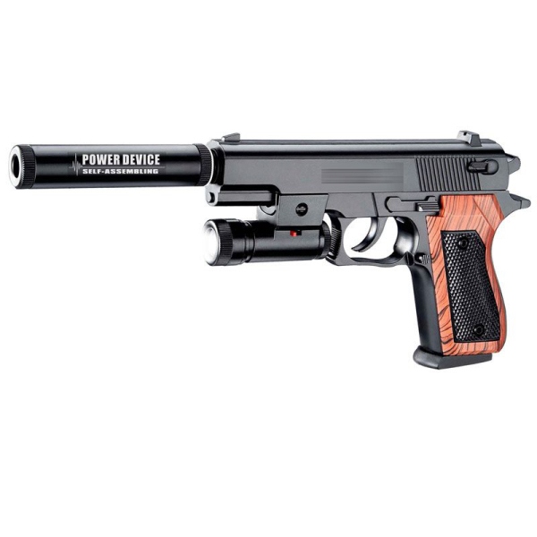 Пистолет с глушителем, с фонариком в пак. 100000268