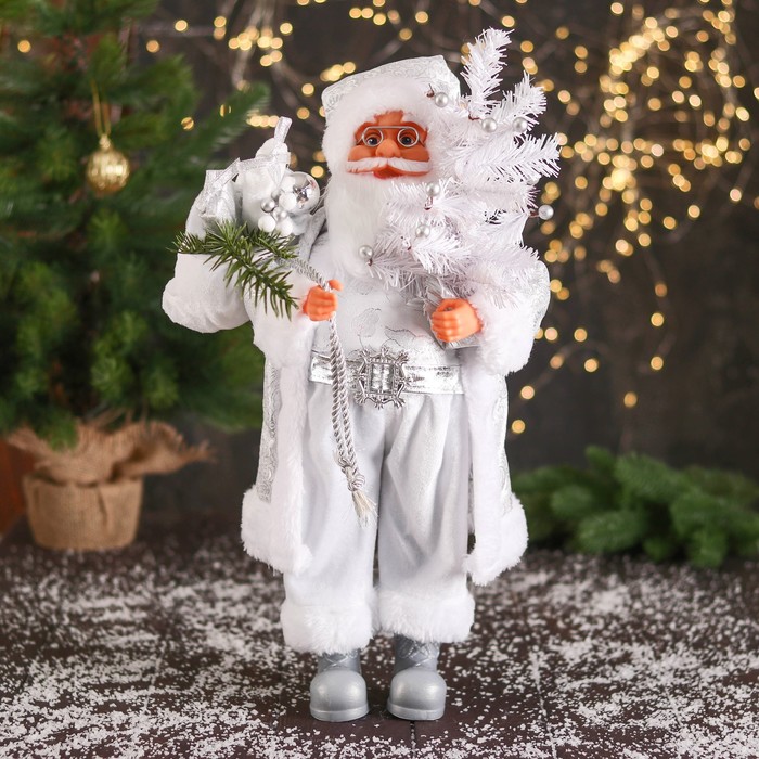 Дед Мороз В высоком колпачке, в ремешке и с мешком 44 см, серебристо-белый   7856752