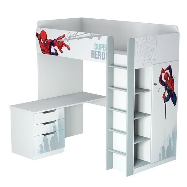 Кровать-чердак Polini kids Marvel 4355 Человек паук, с письменным столом и шкафом, белый