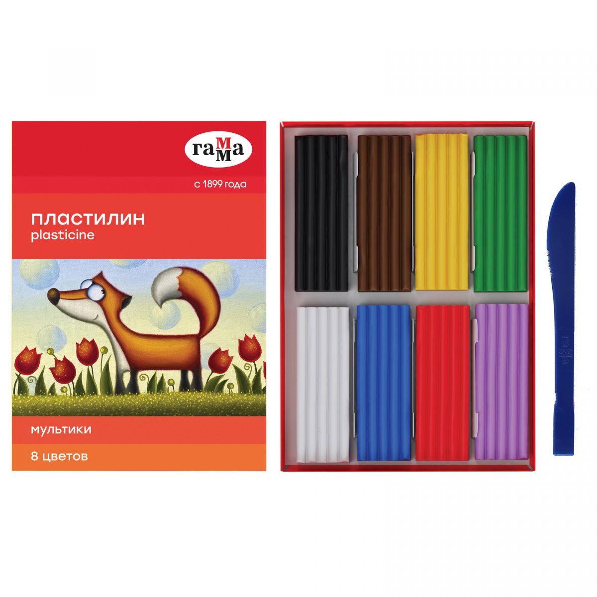 Пластилин Гамма Мультики, 08 цветов, 160г, со стеком, картон. упаковка