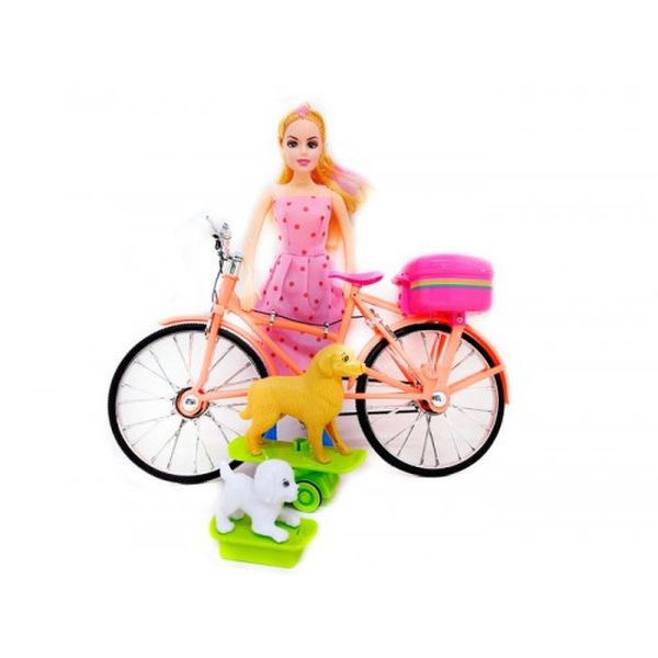 Кукла на велосипеде с собачками на скейте музыкальная со светом.29*10*18 см.1/48.Арт.6688B