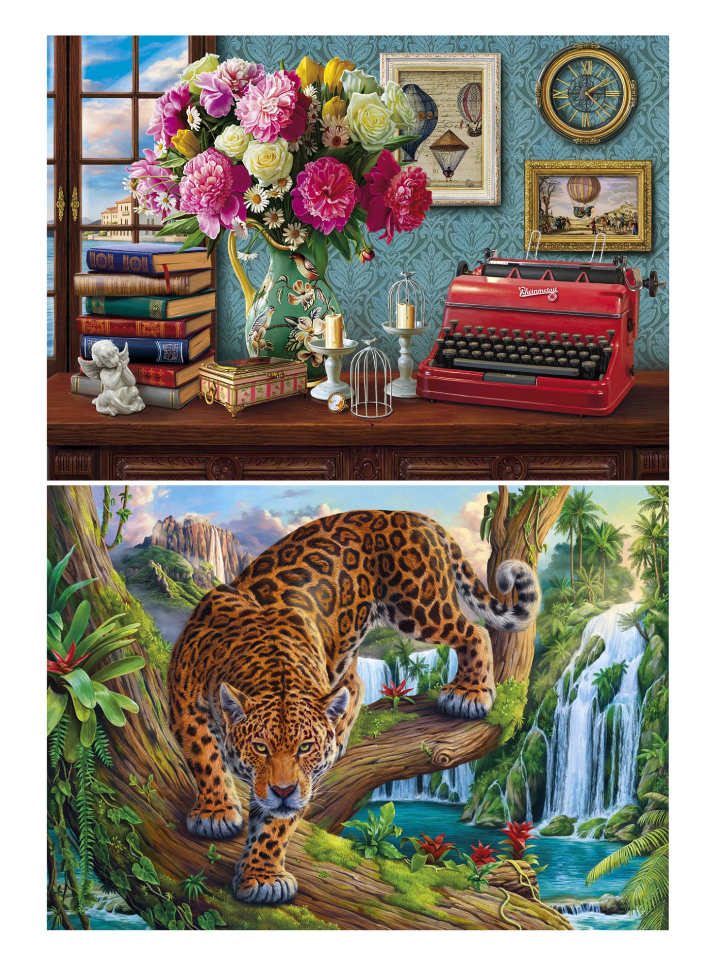Алмаз.раск.Двустор.карт.(класс)40*50(34,24цв)Леопард на дереве.Натюрморт с печатной машинкой.НД-1973 (Вид 1)