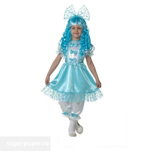 Карнавальный костюм детский Мальвина №1 (р-р 32, 7-9 лет; комплект: бант, парик, платье, пояс, шор (Вид 2)
