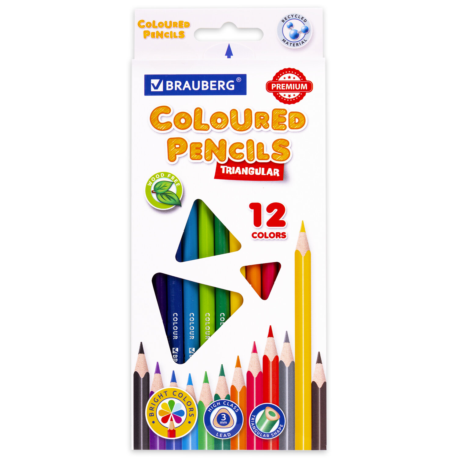 Карандаши цветные пластиковые BRAUBERG PREMIUM, 12 цв., трехгранные, заточенные, картон, европодвес