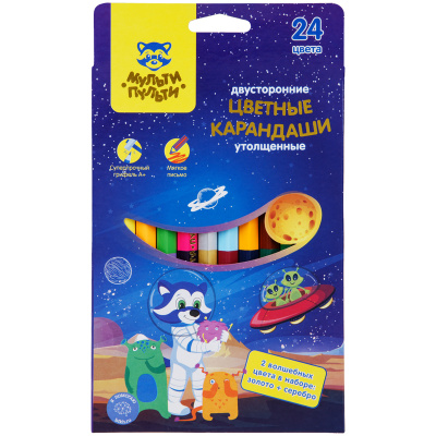 Карандаши цветные Мульти-Пульти Енот в космосе, 24цв., 12шт., двусторонние, утолщенные, заточен.,