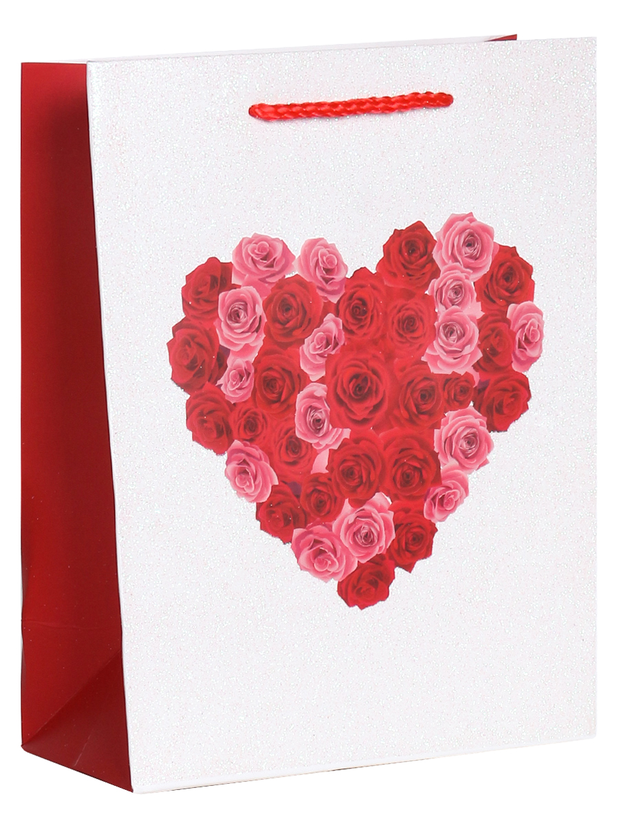 Dream cards Пакет подарочный с мат.лам. и глиттером Сердце из розовых и красных роз, 18х23х12 см, 21