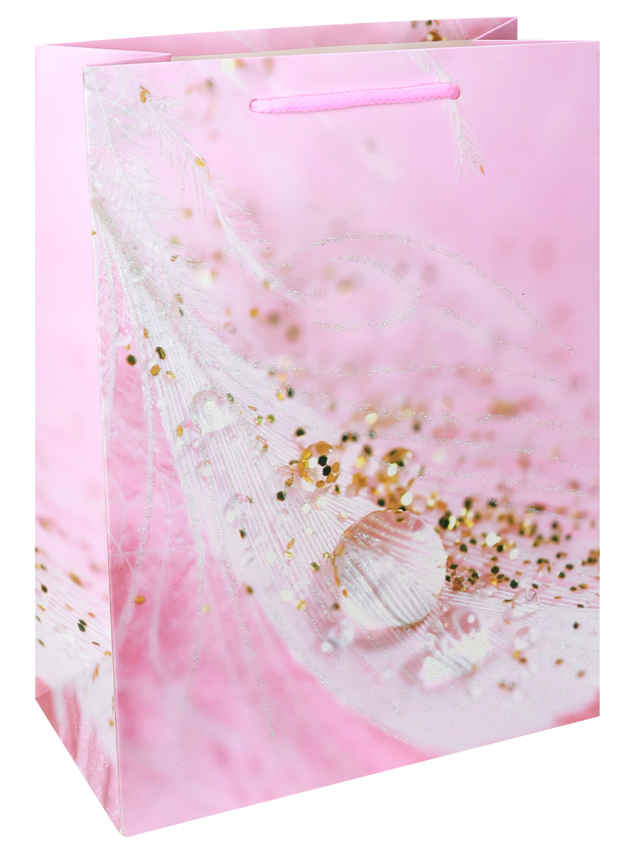 Dream cards Пакет подарочный с мат. лам. и тиснением фольгой. Перо и капли, розовый  26х32х10 см, 21