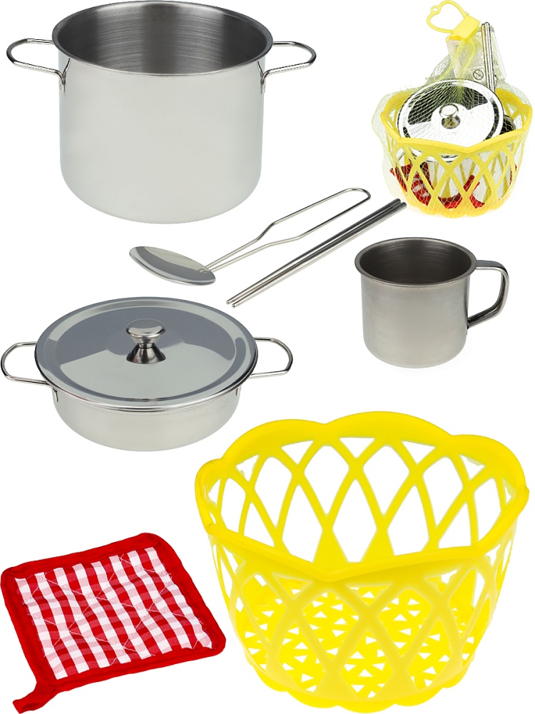 Набор металл. посуды (8предметов) СЕМЕЙНЫЙ РЕЦЕПТ (с прихваткой, цвет микс, в сетке)(арт. 1445551)