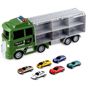 Набор машинок Yonghuida Трейлер: легковые автомобили (41х16х11 см, 6 маш., свет, звук, кейс, зелён
