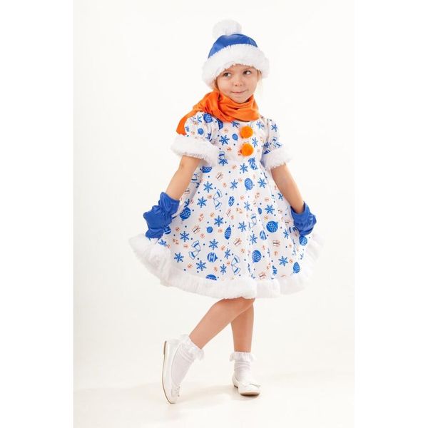 1025 к-18 Карнавальный костюм Снеговик Снежана (платье, варежки, шарф, шапка) размер 110-56