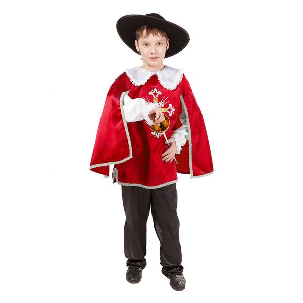 2030 к-18 Карнавальный костюм Мушкетер красный (рубашка сплащом, брюки, шляпа,шпага) размер 122-64