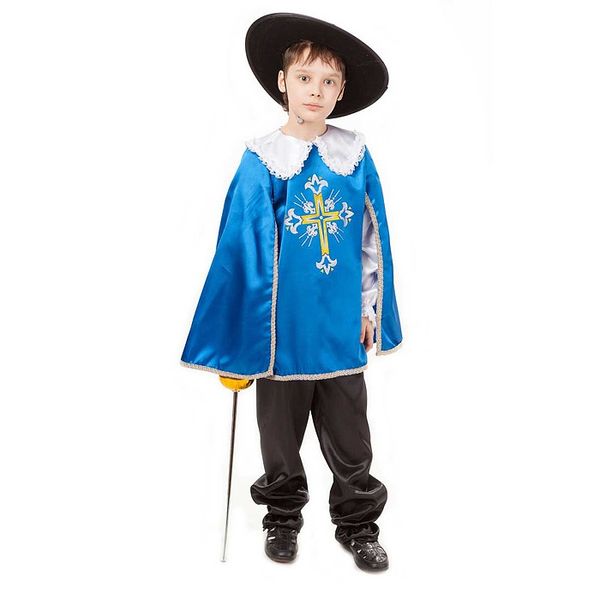 2031 к-18 Карнавальный костюм Мушкетер синий (рубашка сплащом, брюки, шляпа,шпага) размер 128-64 (