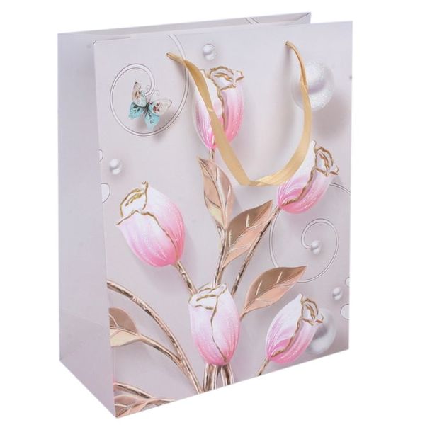 Dream cards Пакет подарочный с мат.лам. и глиттером 42х31х12с (XL) Нежно-розовые цветы, 210г ПП-4191