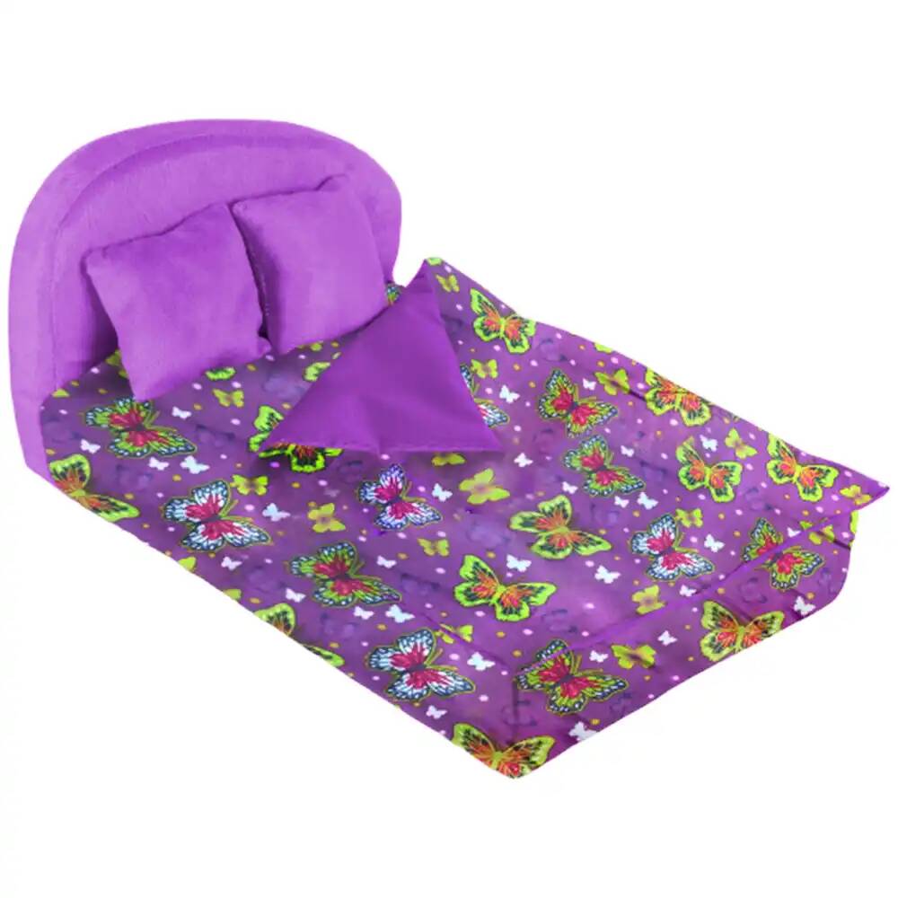 Мебель мягк. Кровать,2 подушки,одеяло Бабочки на фиолетовом с фиолетовым плюшем НМ-003-34