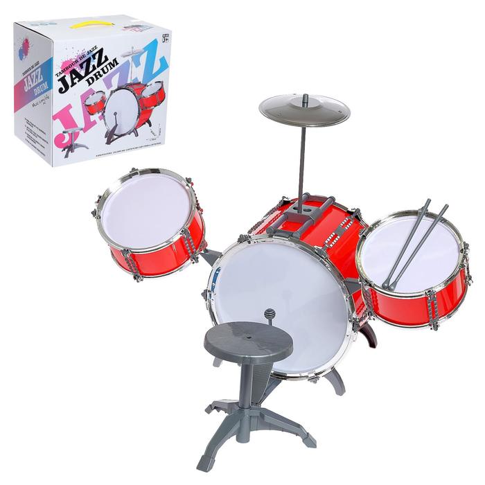 Барабанная установка Тамбурин, 3 барабана, тарелка, палочки, стульчик, МИКС   5246448 (Вид 1)