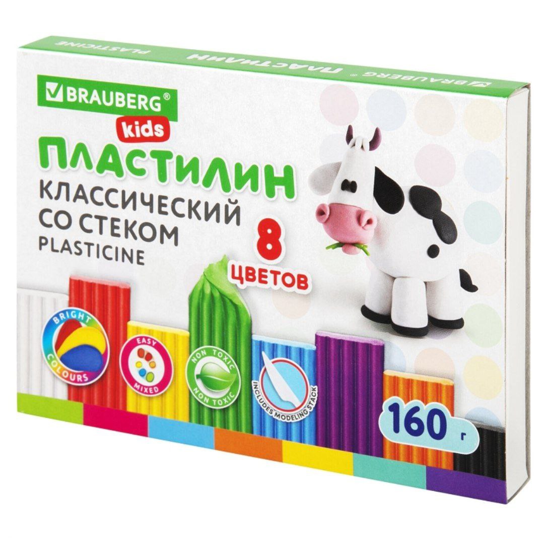 Пластилин классический BRAUBERG KIDS, 8 цветов, 160 г, со стеком, 106501