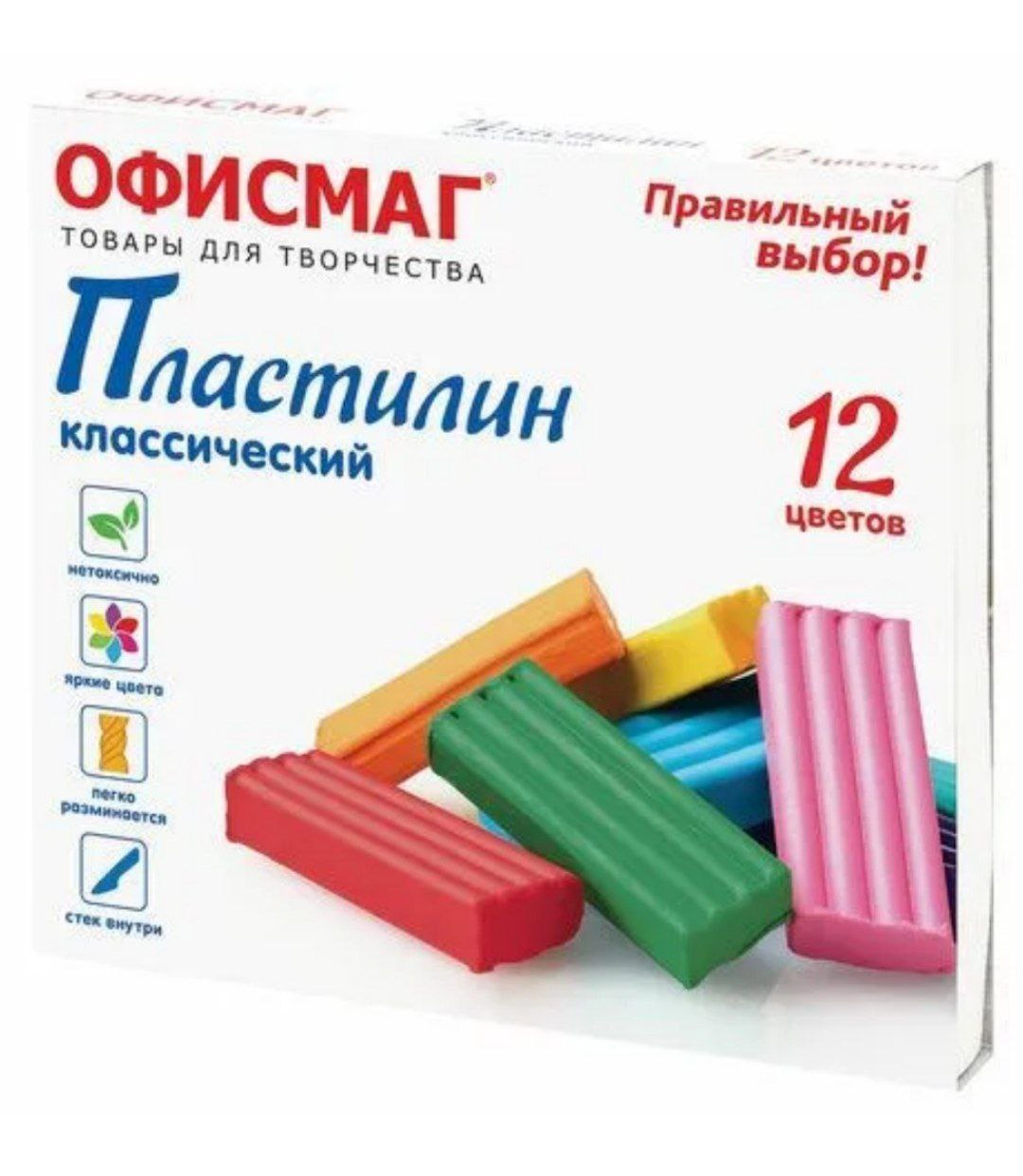 Пластилин классический ОФИСМАГ, 12 цветов, 240 г, СО СТЕКОМ, 106677