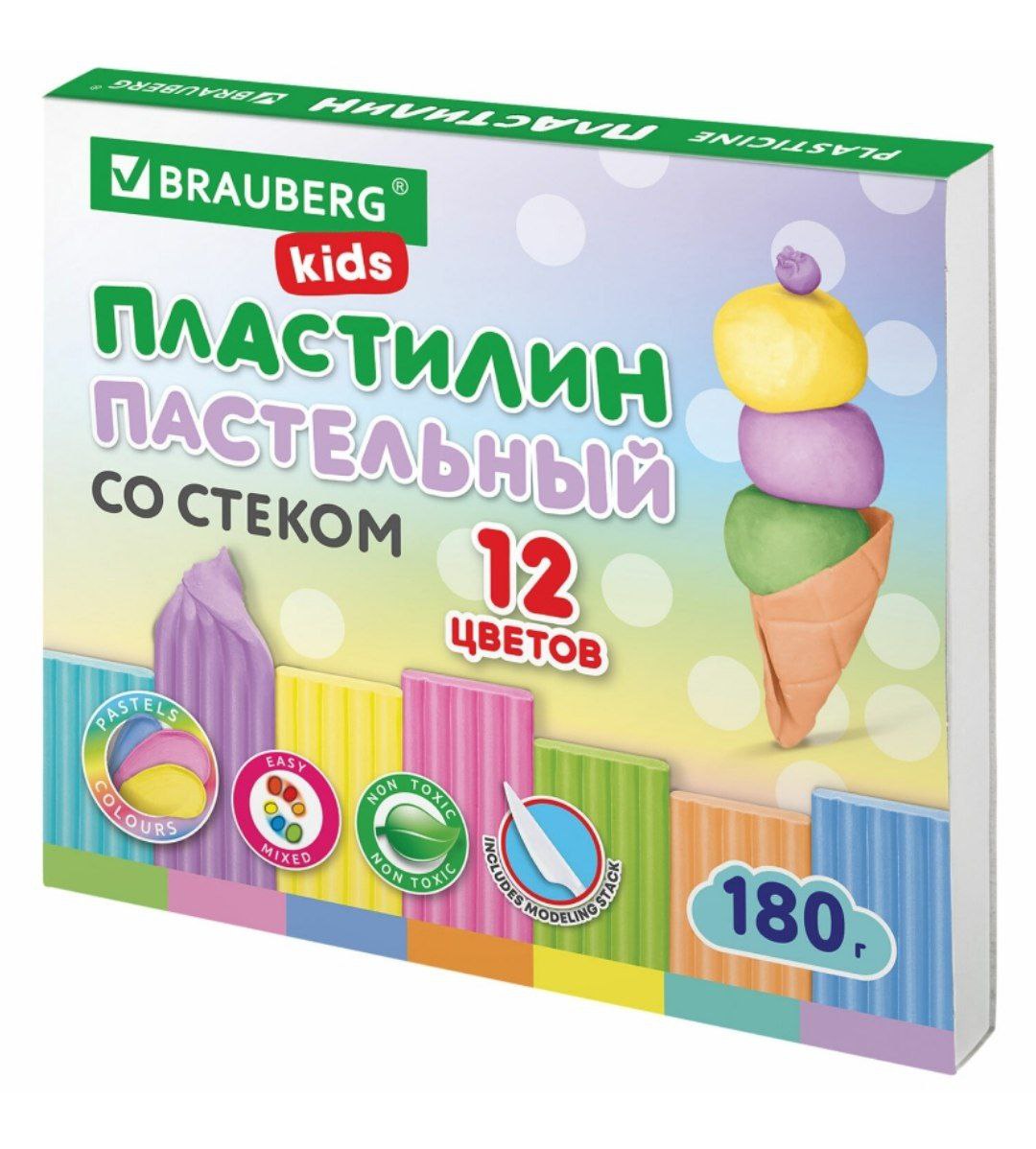 Пластилин классический пастельные цвета BRAUBERG KIDS, 12 цветов, 180 грамм, стек, 106681