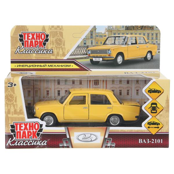 Машина металл ваз-2101  длина 12 см, двери, багаж, инерц, желтый, кор. Технопарк 2101-12-YE
