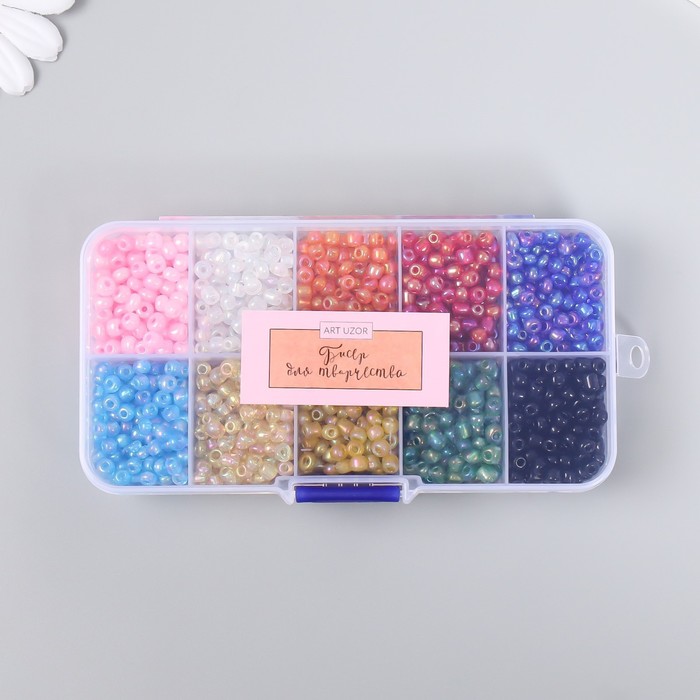 Бисер стекло 6/0 в шкатулке 10 делений Разноцветный 1 деление=10 гр 12,8х6,5х2,2 см 9359048