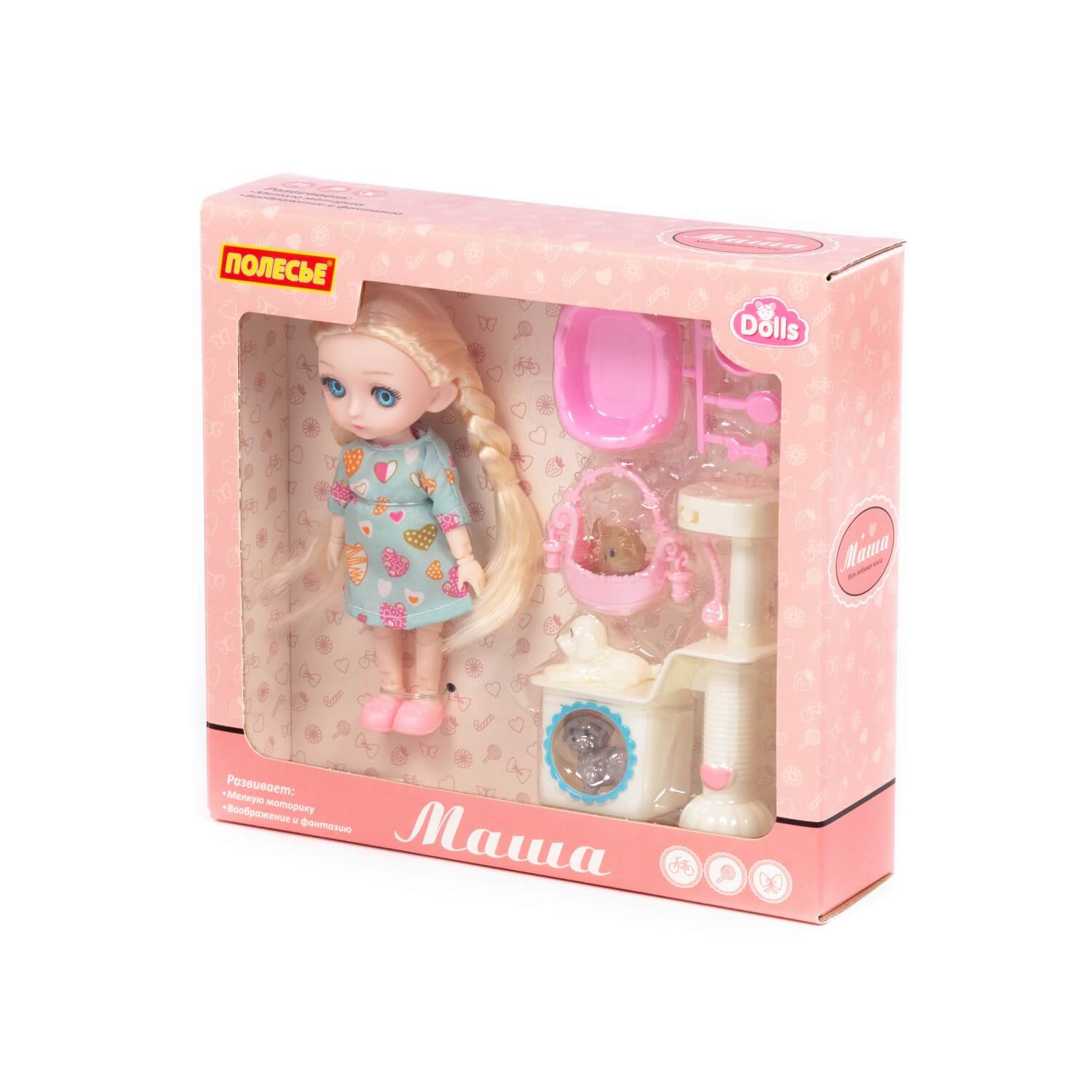 арт 03359, Кукла Маша (16 см) в платье + аксессуары (9 элементов) (в коробке №2)