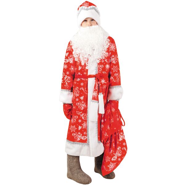 1028 к-18 Карнавальный костюм Дед Мороз Морозко (шуба, шапка,борода, варежки, мешок, пояс)  размер