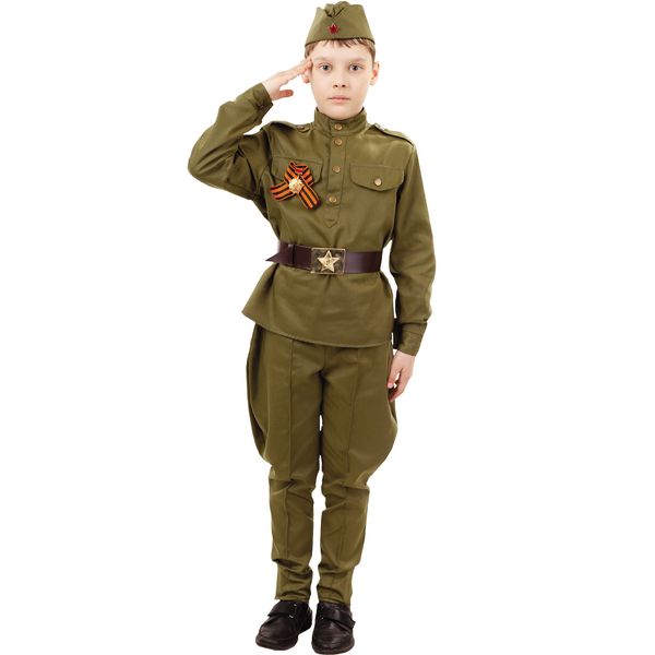 2032 к-18 Карнавальный костюм Солдат(гимнастерка, брюки, пилотка, ремень) размер 134-68