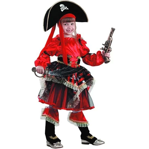 455 Карнавальный костюм ПИРАТКА красная (блуза, юбка, пояс, сапоги, шляпа, сабля, мушкет) (Зв. мас