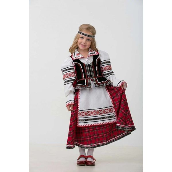 5602 Славянский костюм (девочка) ( блузка, юбка с фартуком, жилет, повязка на голову)  р.28