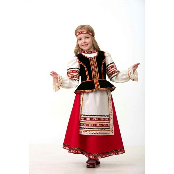 5602 Славянский костюм (девочка) ( блузка, юбка с фартуком, жилет, повязка на голову)  р.32