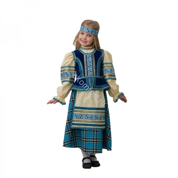 5604 Народный костюм (девочка) ( блузка, юбка с фартуком, жилет, повязка на голову)  р.34