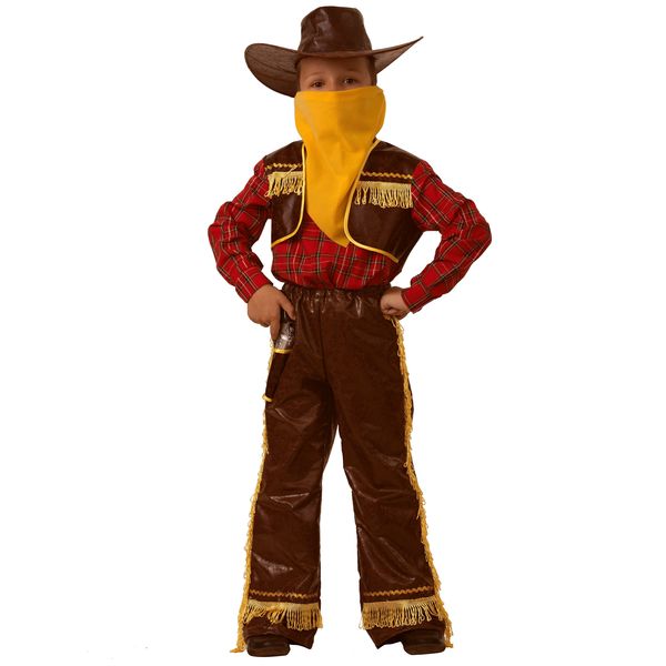 7013-1 Карнавальный костюм КОВБОЙ желтый (рубаха с жилетом,брюки,бандана, шляпа, набор ковбой) (те