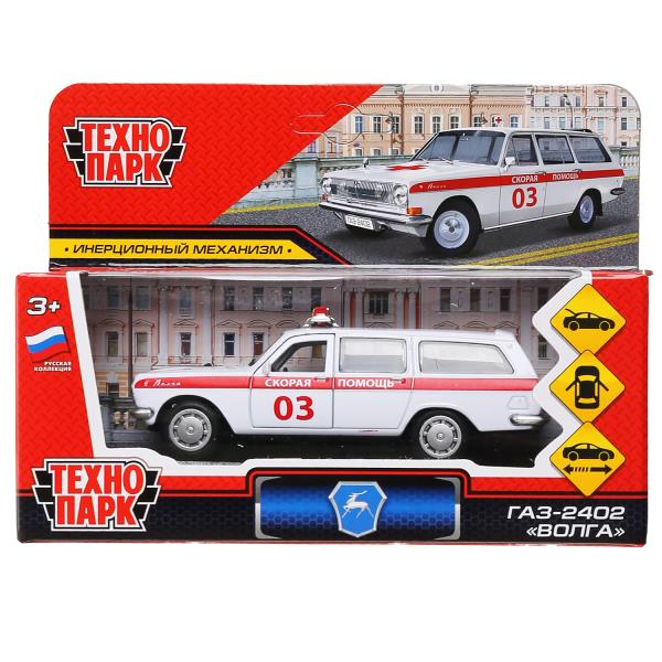 Машина металл ГАЗ-2402 ВОЛГА СКОРАЯ 12 см, двери, багаж, белая, в кор. Технопарк 2402-12AMB-WH (Вид 1)