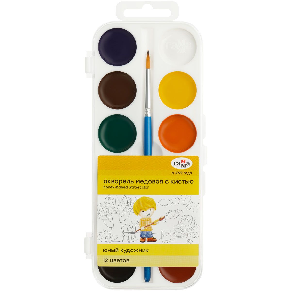 Акварель Гамма Юный художник, медовая, 12 цветов, с кистью, пластик. упак., европодвес