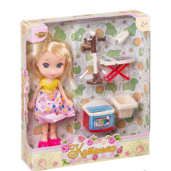 Кукла Катенька 16,5 см с набором мебели Стирка,  ВОХ 18×5×20 см,  арт.M6608.