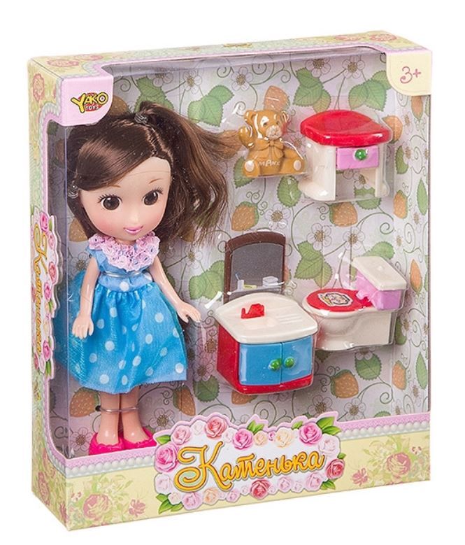 Кукла Катенька 16,5 см с набором мебели  Ванная комната, ВОХ 18×5×20 см,  арт.M6609.