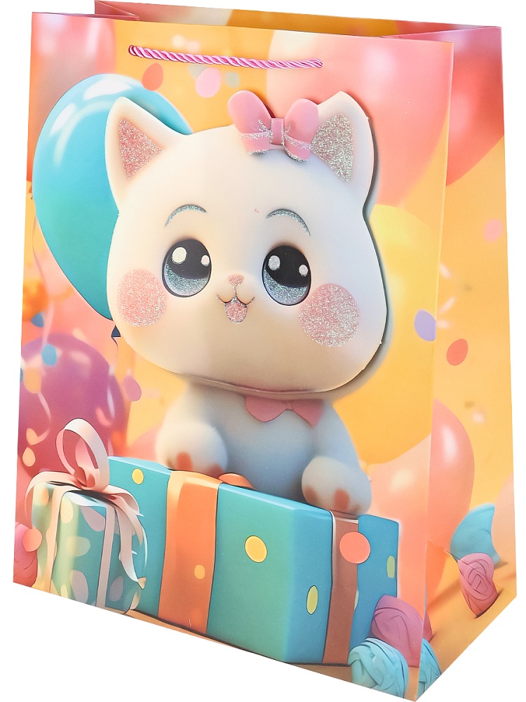 Dream Cards Пакет подарочный мат.лам,глиттер,3Dэл. 26*32*10 см(L), Котёнок и подарки, 210г ПКП-9250