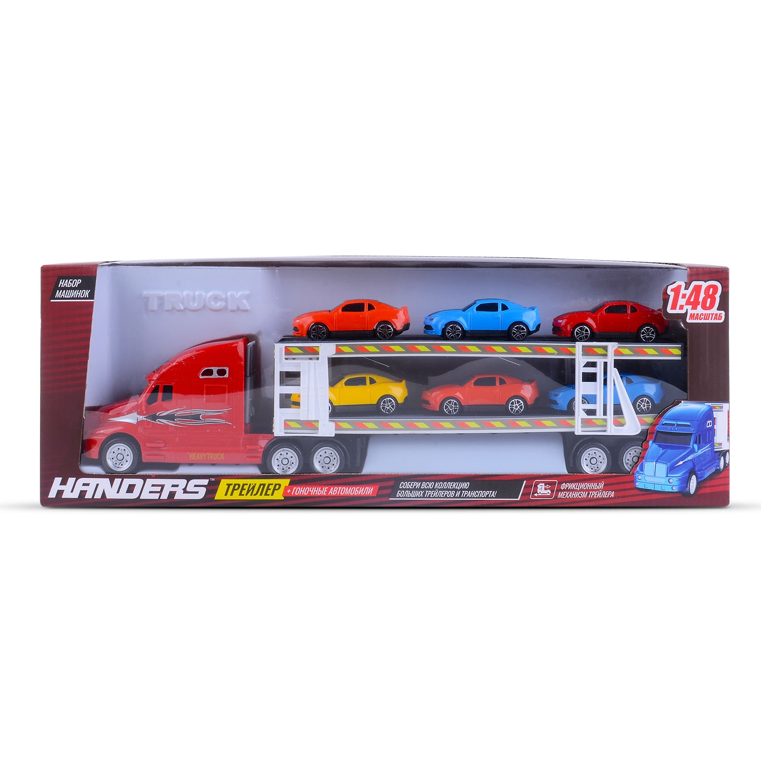 Набор машинок Handers Трейлер: гоночные автомобили (6 маш., инерц. трейлер 39 см, 1:48, красный) (Вид 2)