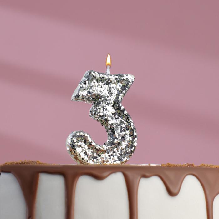 Свеча в торт «Блестки», цифра 3, серебро, 6.5х4 5572707 (Вид 1)