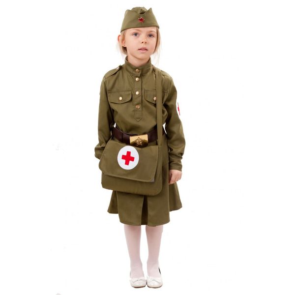 2038 к-18 Карнавальный костюм Военная медсестра (гимнастерка, юбка, пилотка, ремень, сумка) размер (Вид 1)