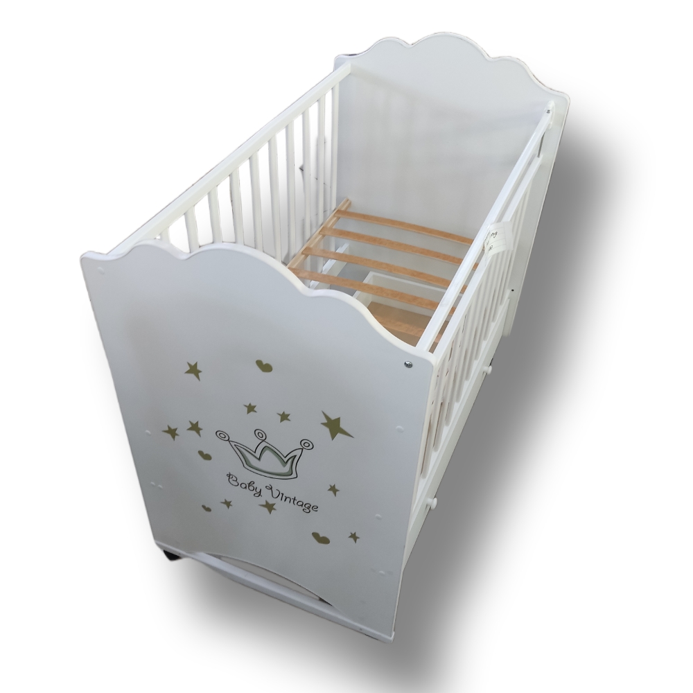 Кровать детская Baby Vintage  колесо-качалка с ящиком (белый) (1200х600)