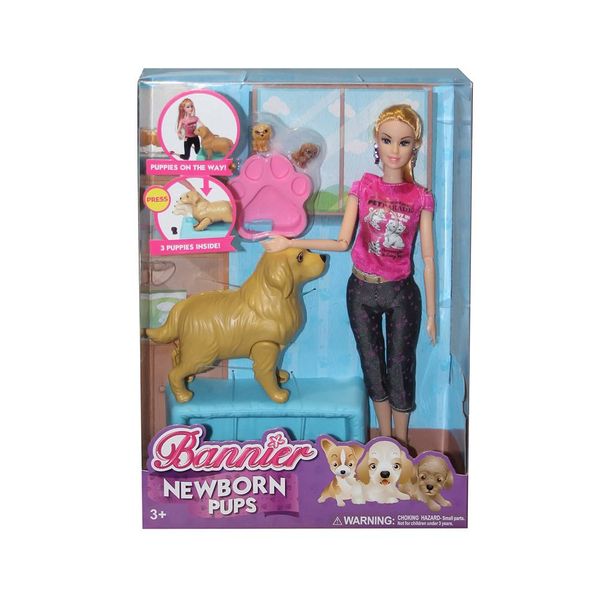 Кукла 700113 в наборе собака, которая рожает щенят, 3 щеночка, лежанка, миска