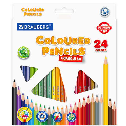Карандаши цветные пластиковые BRAUBERG PREMIUM, 24 цв., трехгранные, заточенные, картон, европодвес